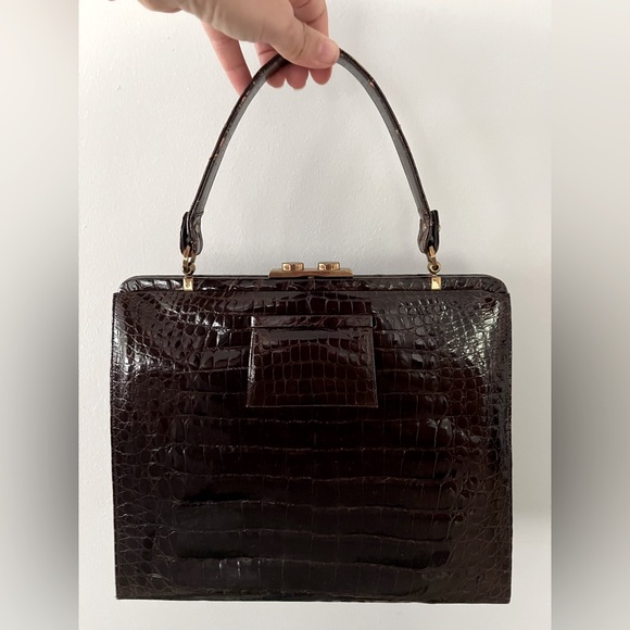 VINTAGE MANON HANDBAG GENUINE ALLIGATOR FRAME BAG DARK BROWN PURSE VTG - Picture 1 of 13